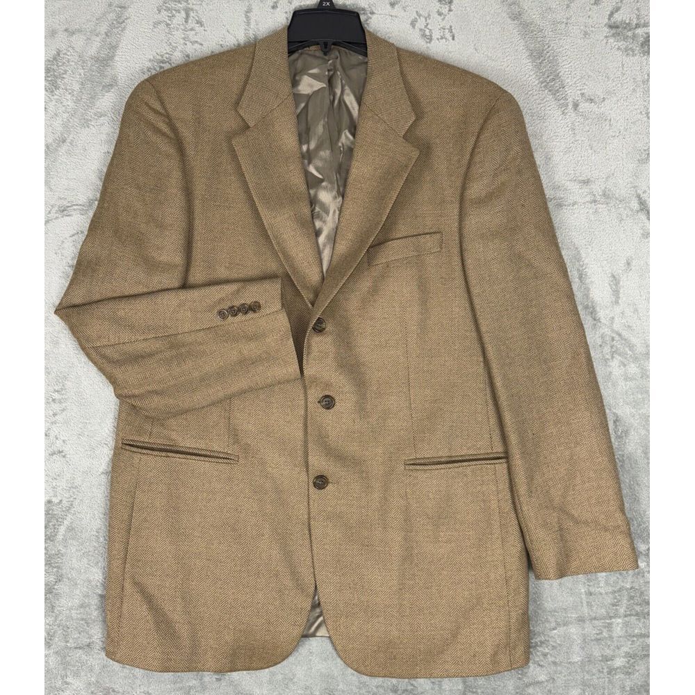 VINTAGE Chaps Ralph Lauren Jacket XLT Beige Tan Wool Blazer Herringbone 44T 44L